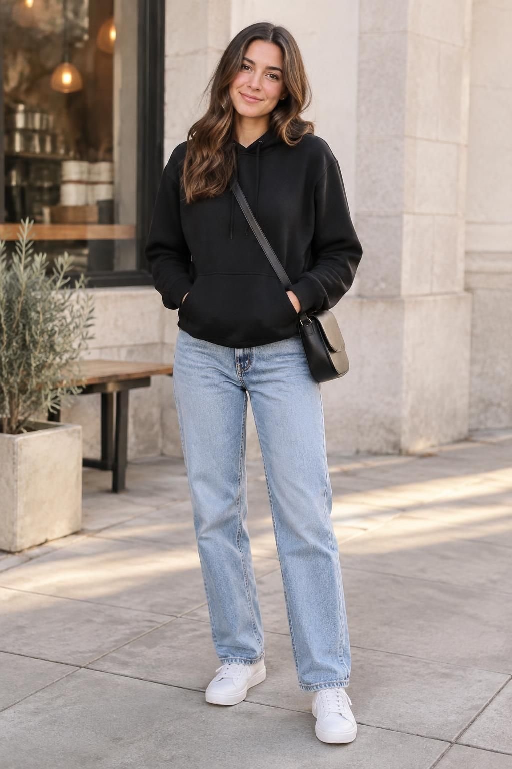 A black hoodie and light-wash straight jeans paired with white sneakers and a crossbody bag.
