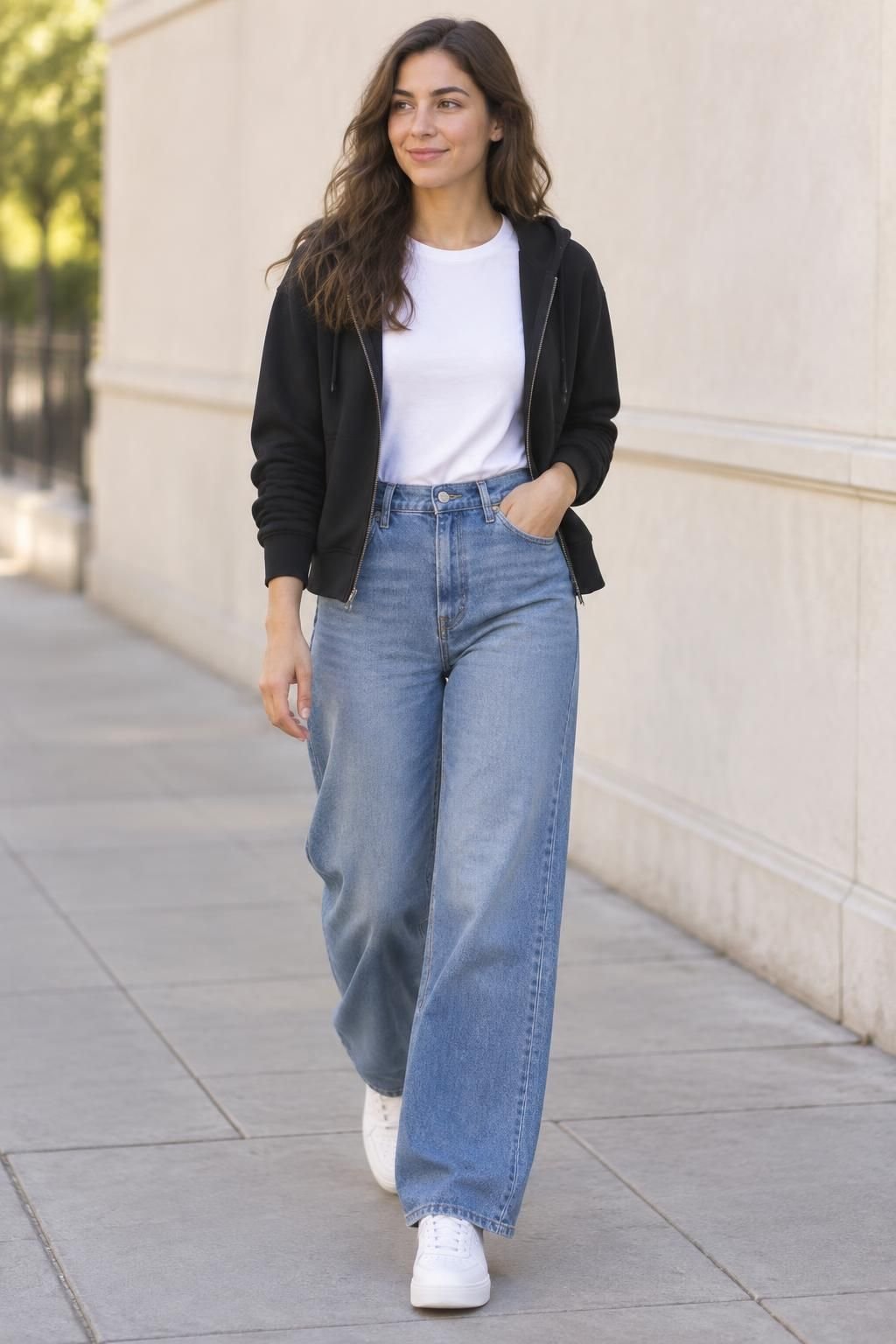 An open black zip hoodie layered over a tucked white tee and wide-leg blue jeans.