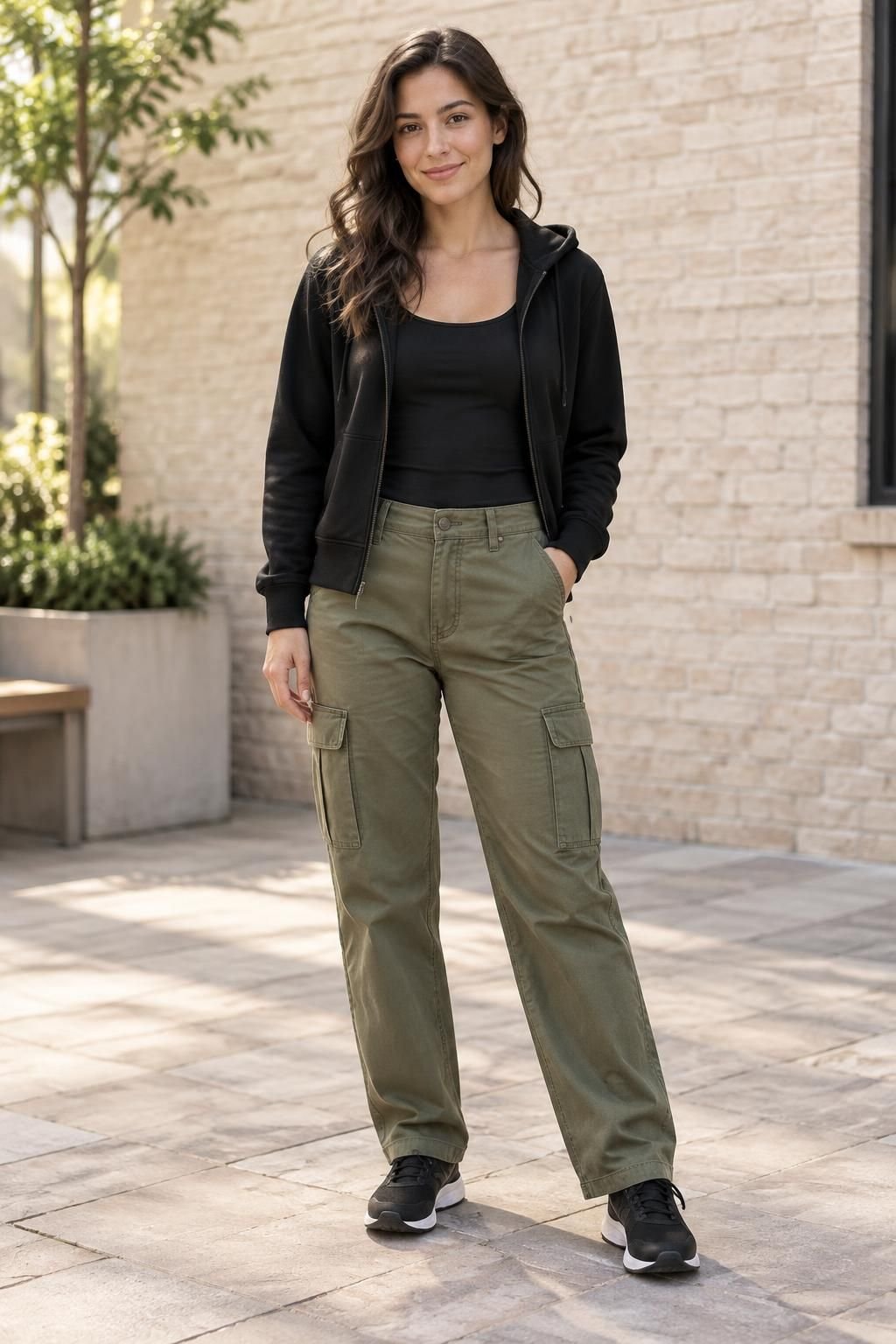 A waist-length black hoodie and olive cargo pants styled with black sneakers.