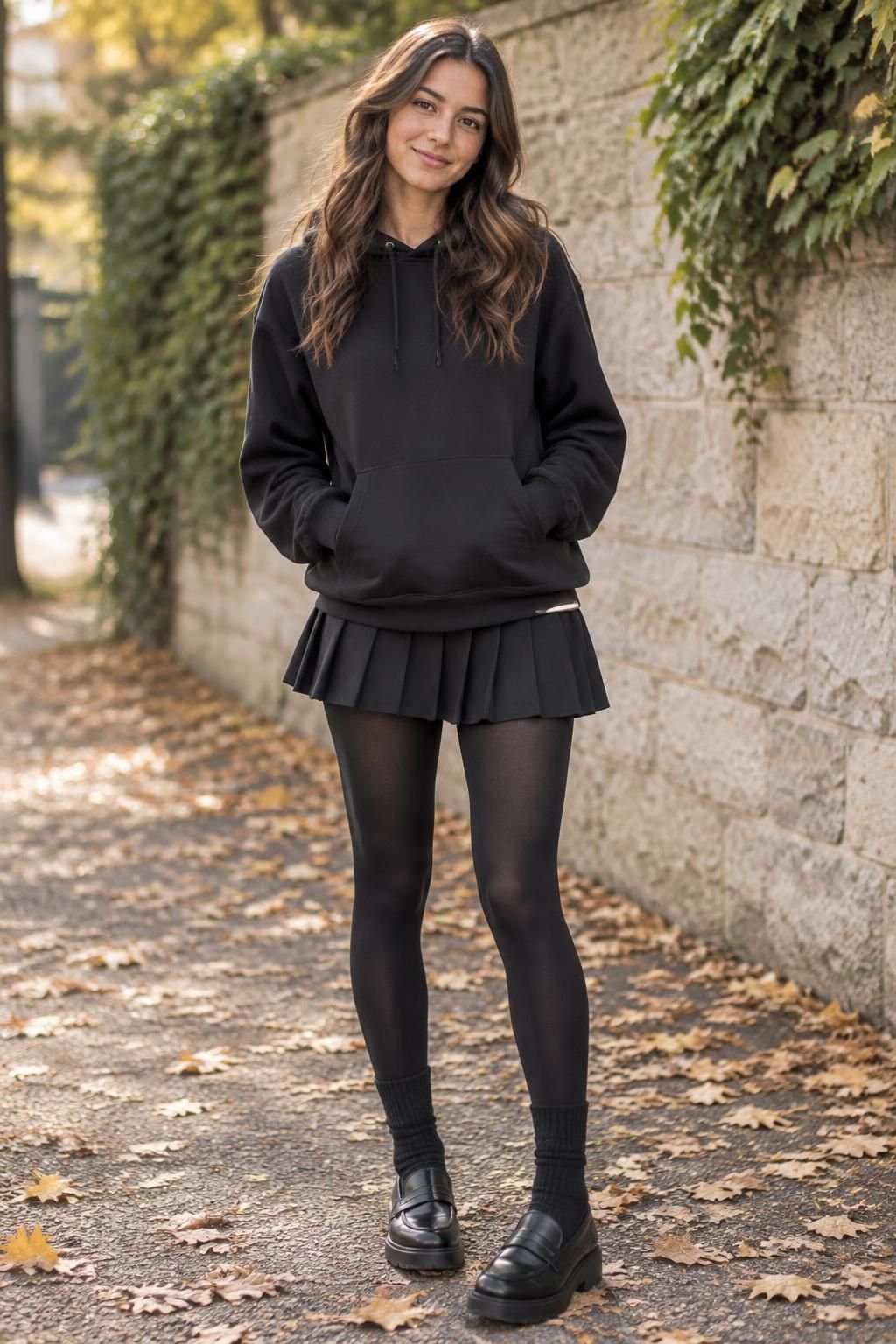 A black hoodie with a pleated mini skirt, opaque tights, crew socks, and loafers.
