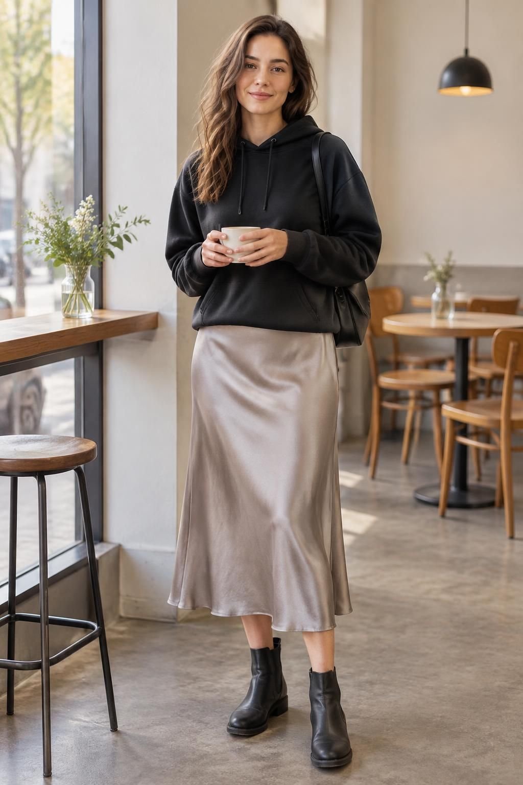 A soft black hoodie and champagne-gray satin midi skirt styled with flat ankle boots.