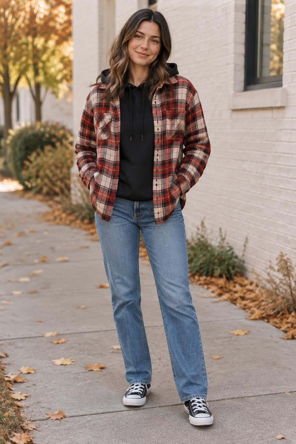 A black hoodie layered under an open plaid flannel with straight jeans and canvas sneakers.