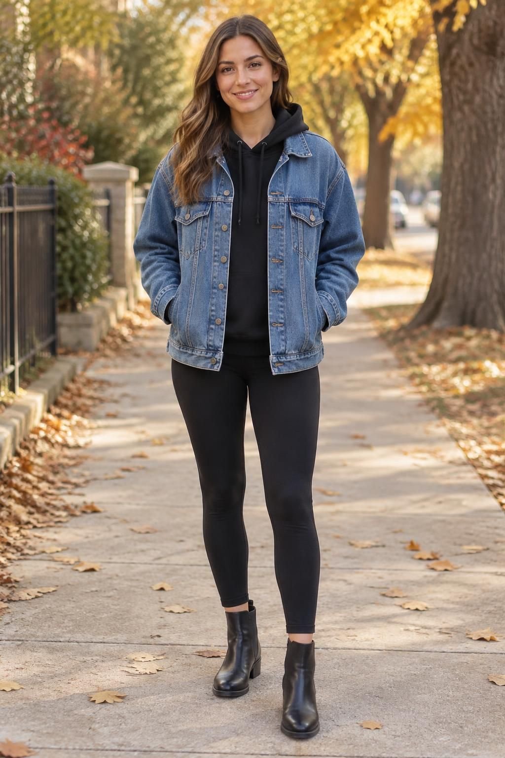 A lightweight black hoodie under a roomy denim jacket with black leggings and ankle boots.