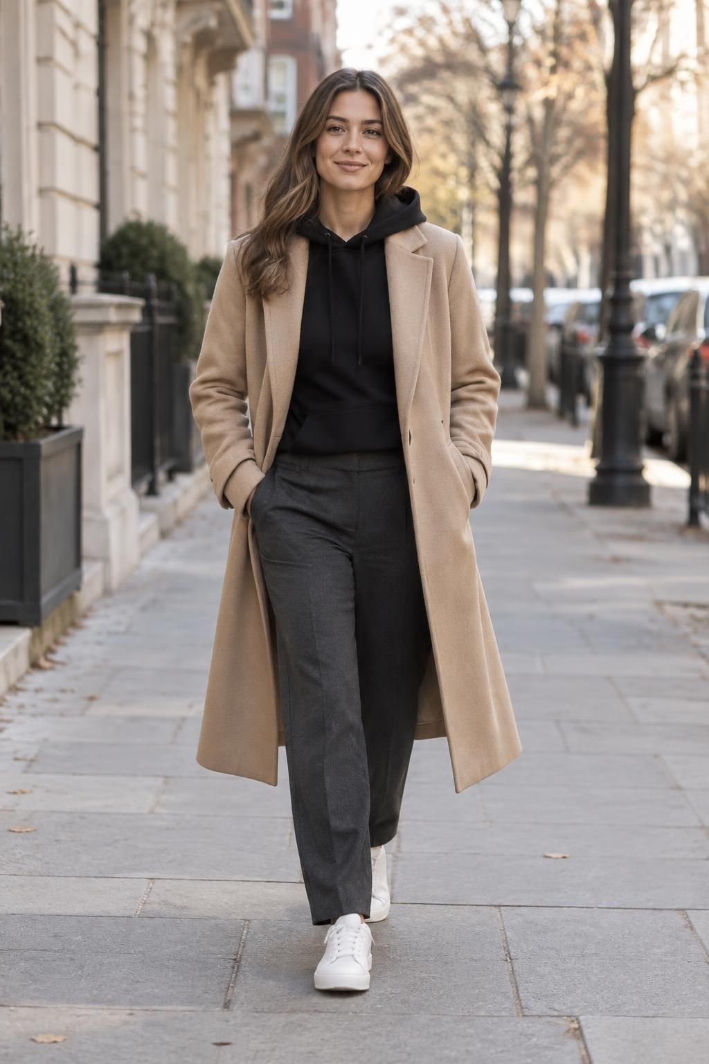A black hoodie with charcoal tailored trousers, a long camel coat, and white sneakers.