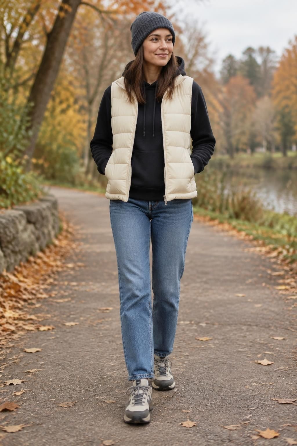 A black hoodie under a cream quilted vest with jeans, a beanie, and sneakers.