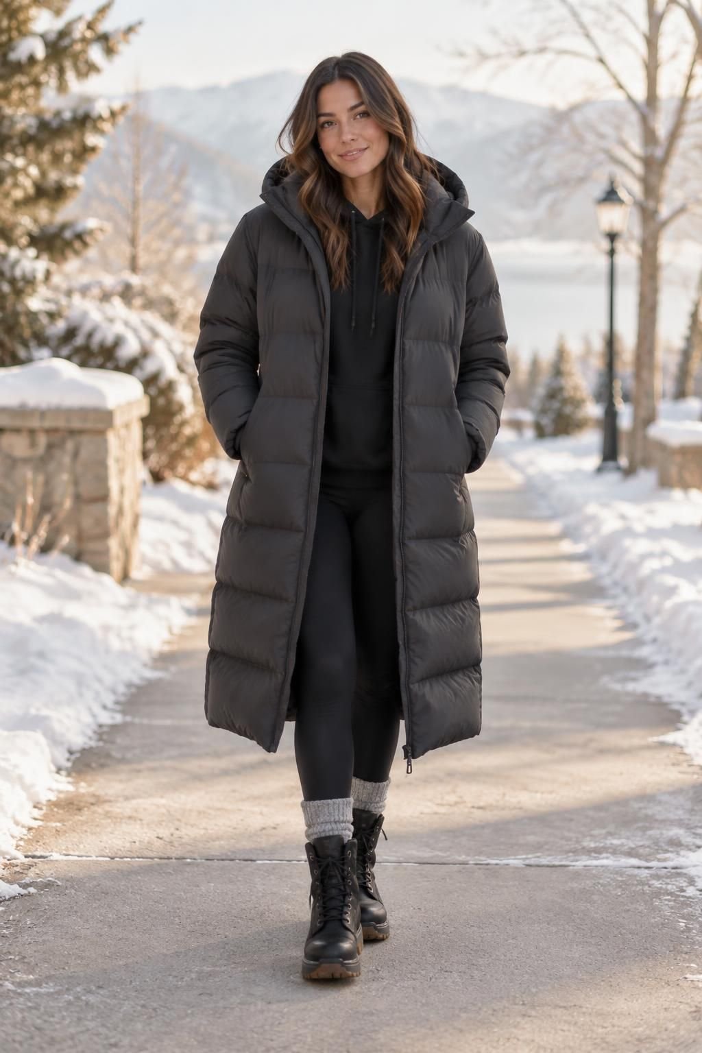 A black hoodie and leggings under a long charcoal puffer coat with winter boots.