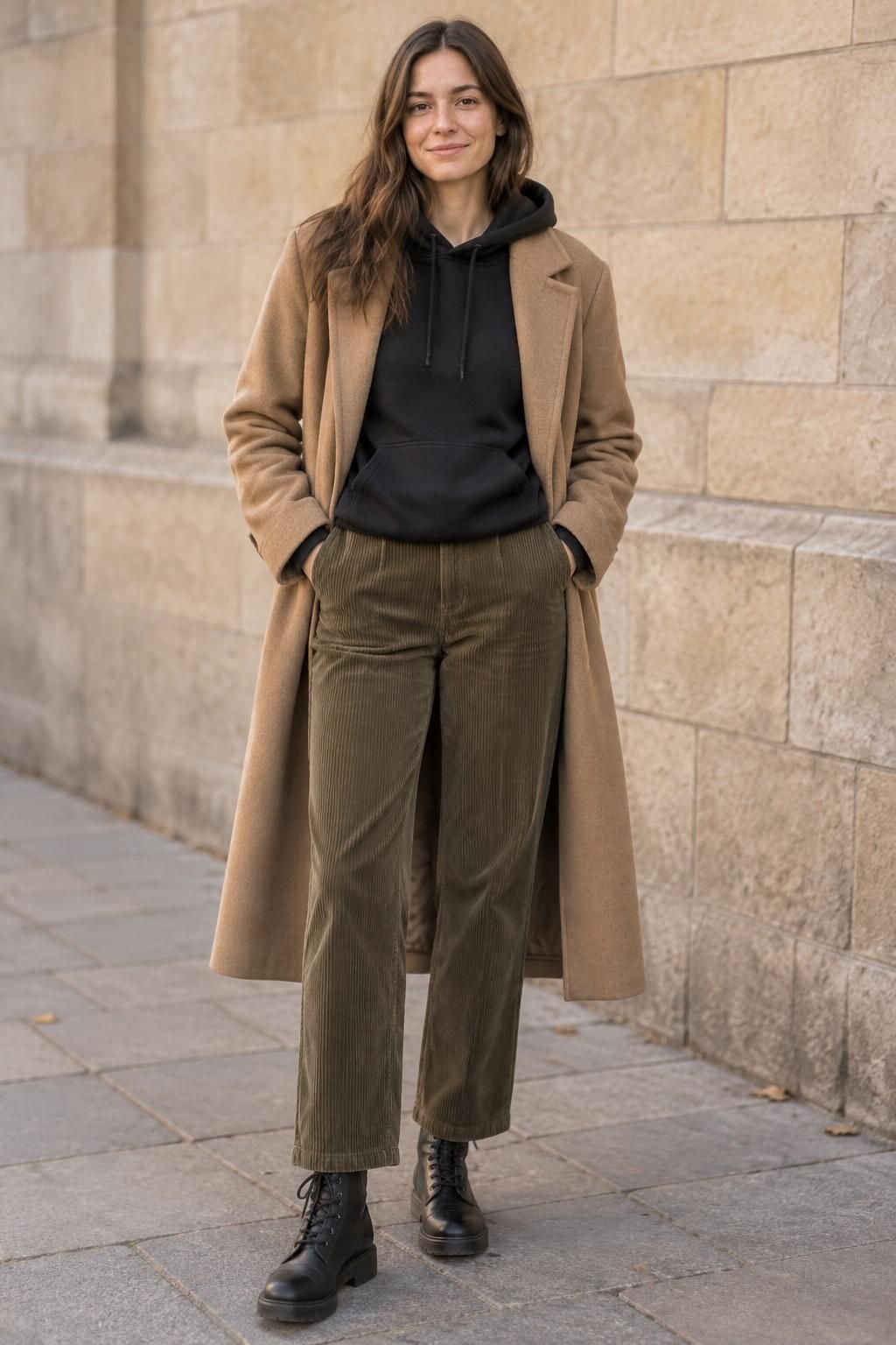 A black hoodie with olive-brown corduroy trousers, a camel wool coat, and lace-up boots.