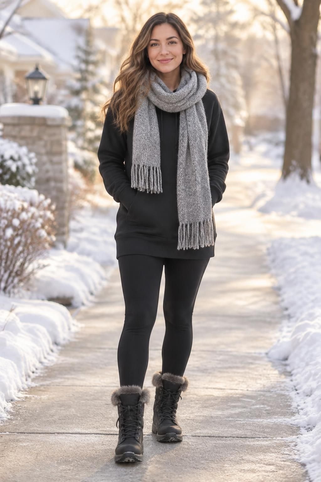 A longer black hoodie with fleece-lined leggings, a gray scarf, and insulated boots.