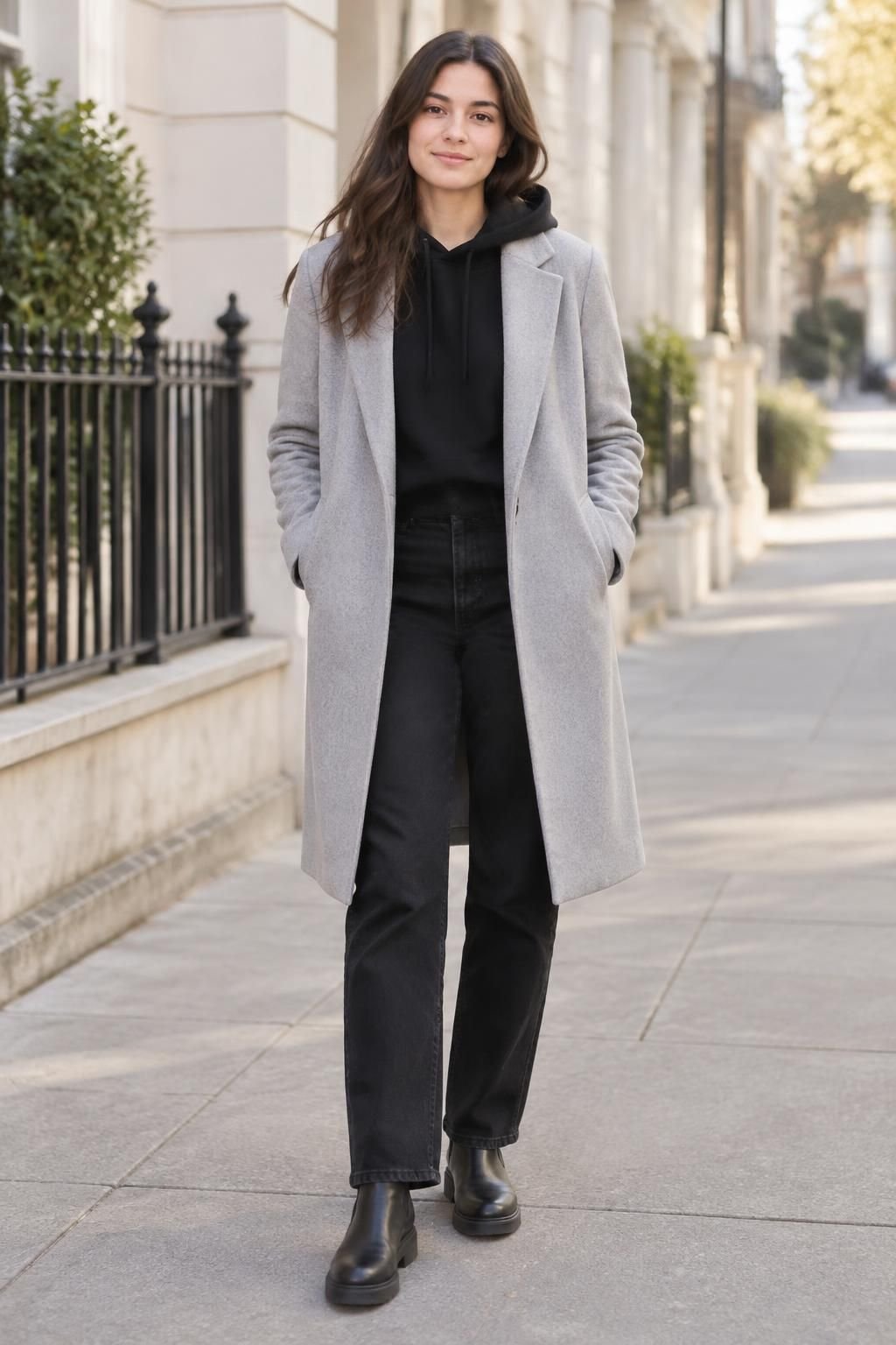 A black hoodie and black jeans under a contrasting light gray coat with black boots.