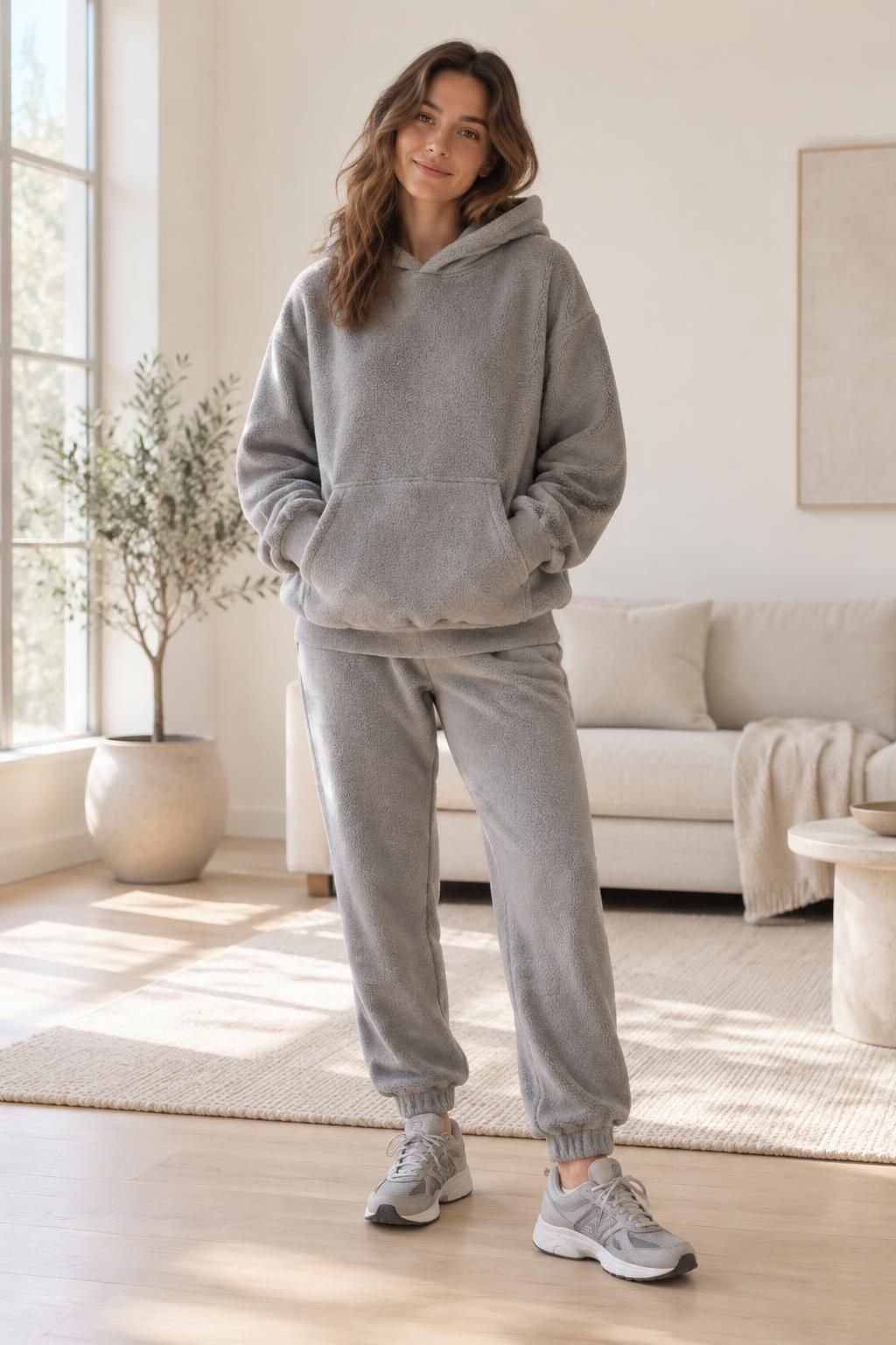 Matching grey fleece hoodie and jersey joggers with tonal sneakers.