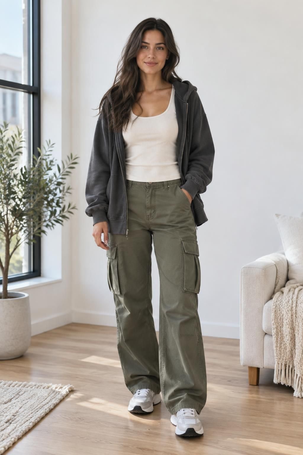 Open charcoal hoodie over a fitted tank with olive cargo pants and chunky sneakers.