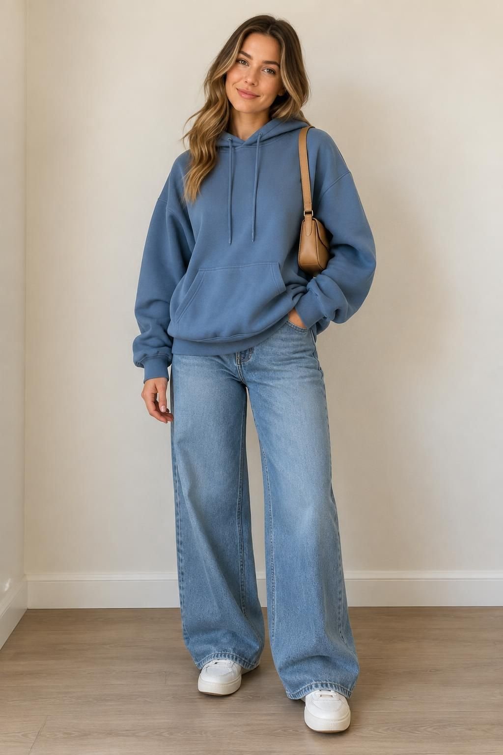 Blue oversized hoodie, wide-leg jeans, sneakers, and a compact tan shoulder bag.