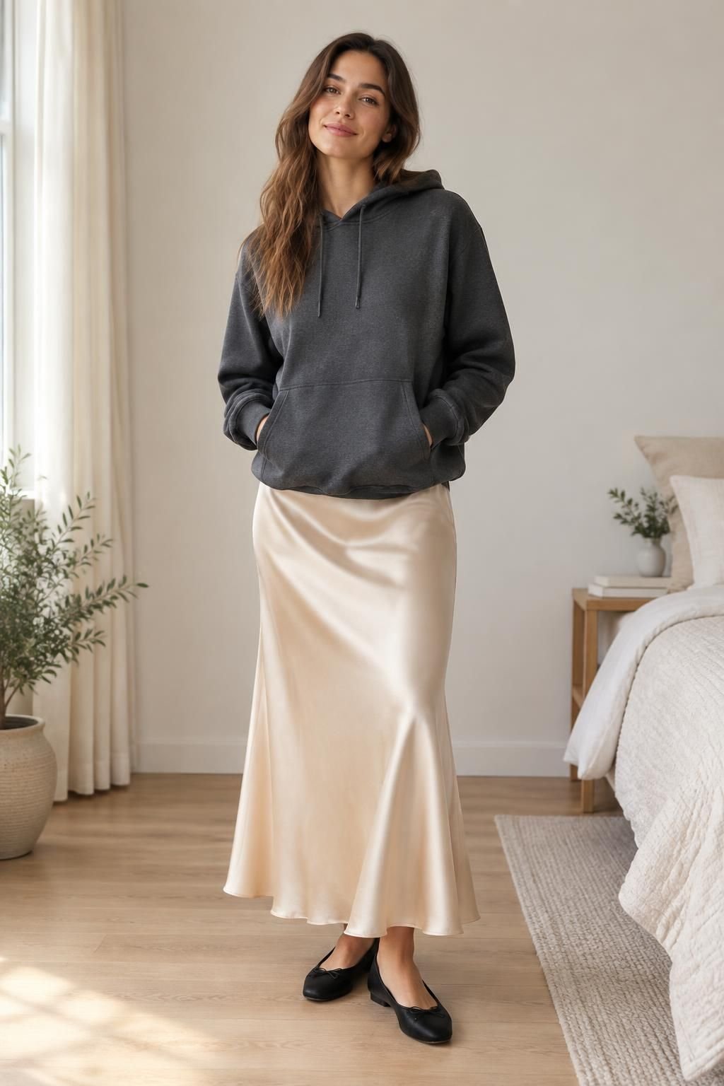 Charcoal hoodie paired with a champagne satin-look slip skirt and black ballet flats.