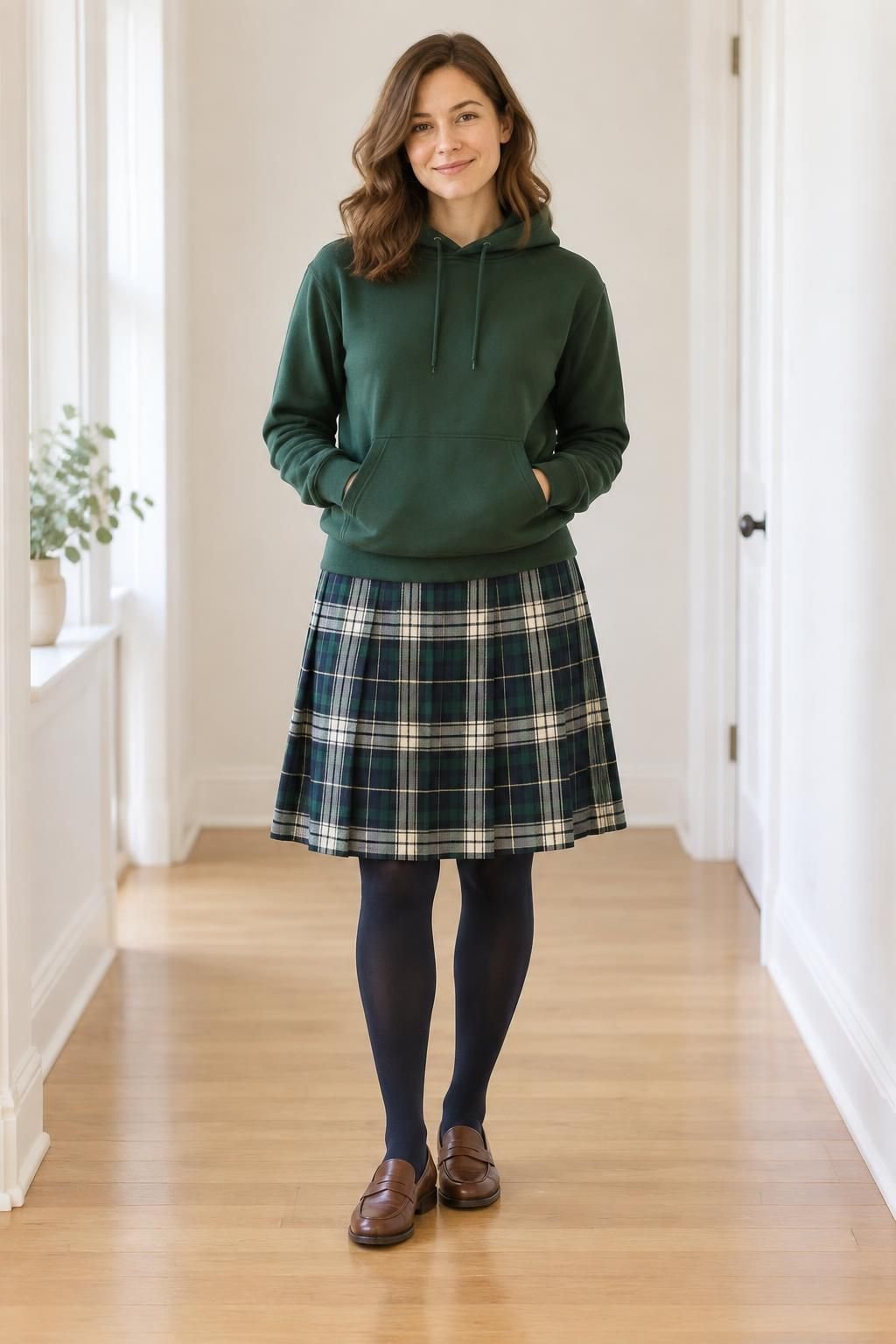 Forest-green hoodie with a coordinating plaid skirt, opaque tights, and brown loafers.