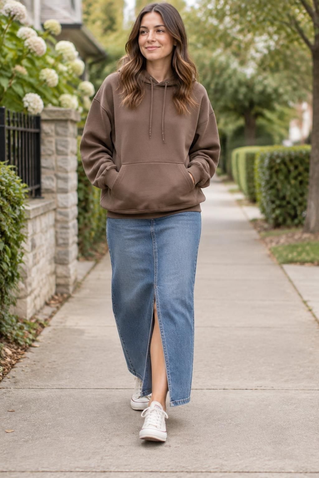 Brown hoodie with a straight denim maxi skirt, front slit, and canvas sneakers.