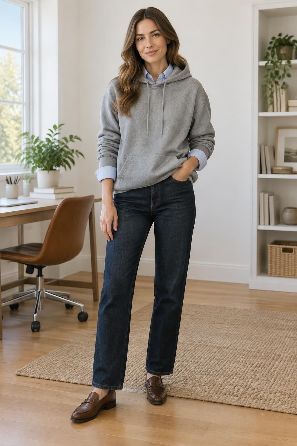 Grey hoodie layered over a pale-blue collared shirt with dark jeans and loafers.