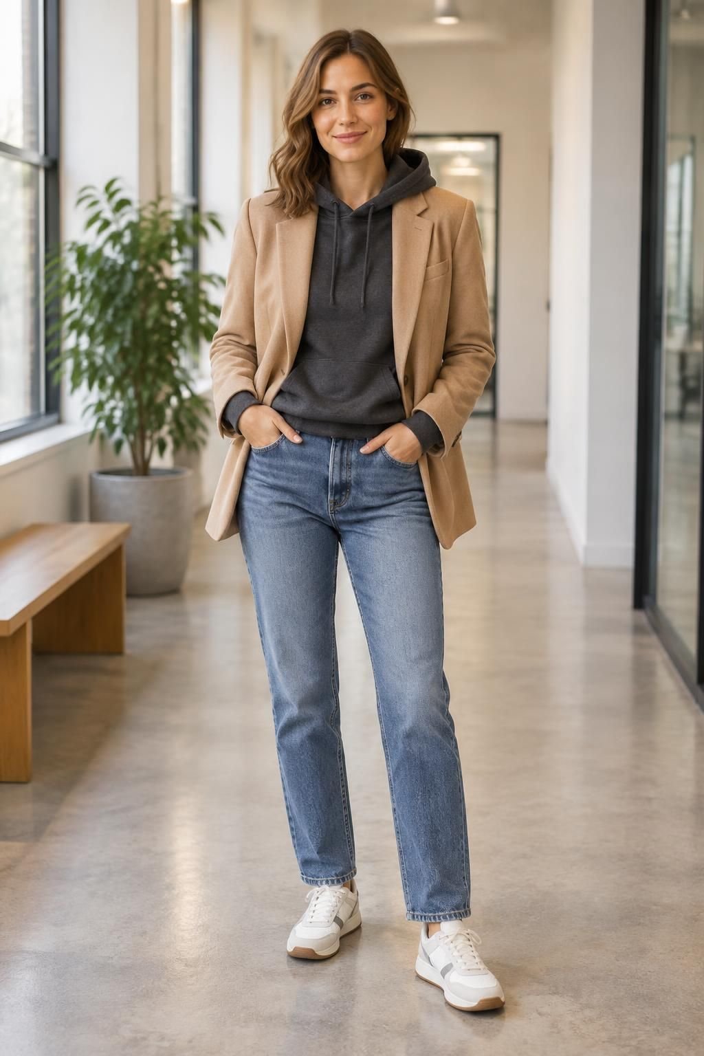 Charcoal hoodie under an open camel blazer with straight jeans and sneakers.