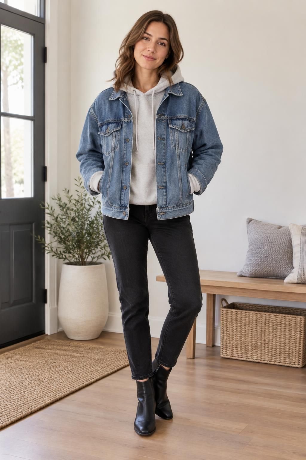 Grey hoodie under a roomy denim jacket with black jeans and ankle boots.