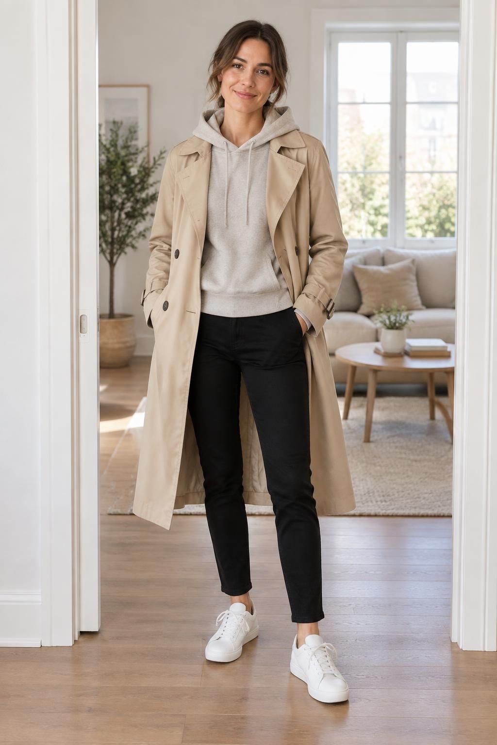 Stone hoodie beneath an open beige trench with slim black trousers and white sneakers.