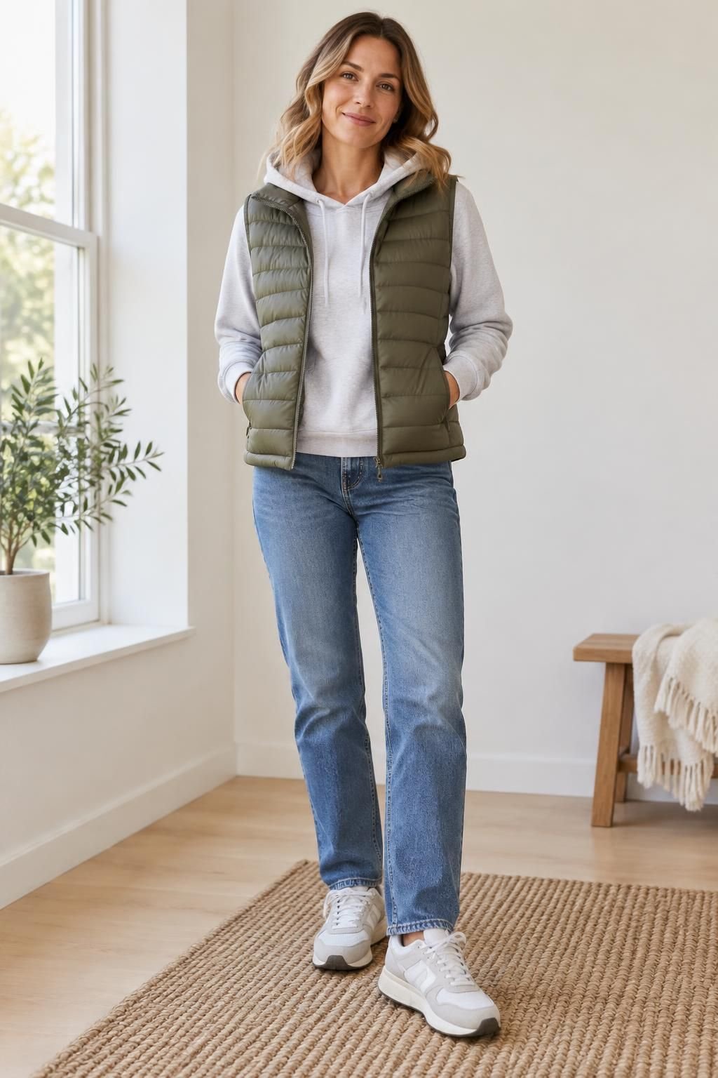 Grey hoodie layered beneath an olive puffer vest with straight jeans and trainers.