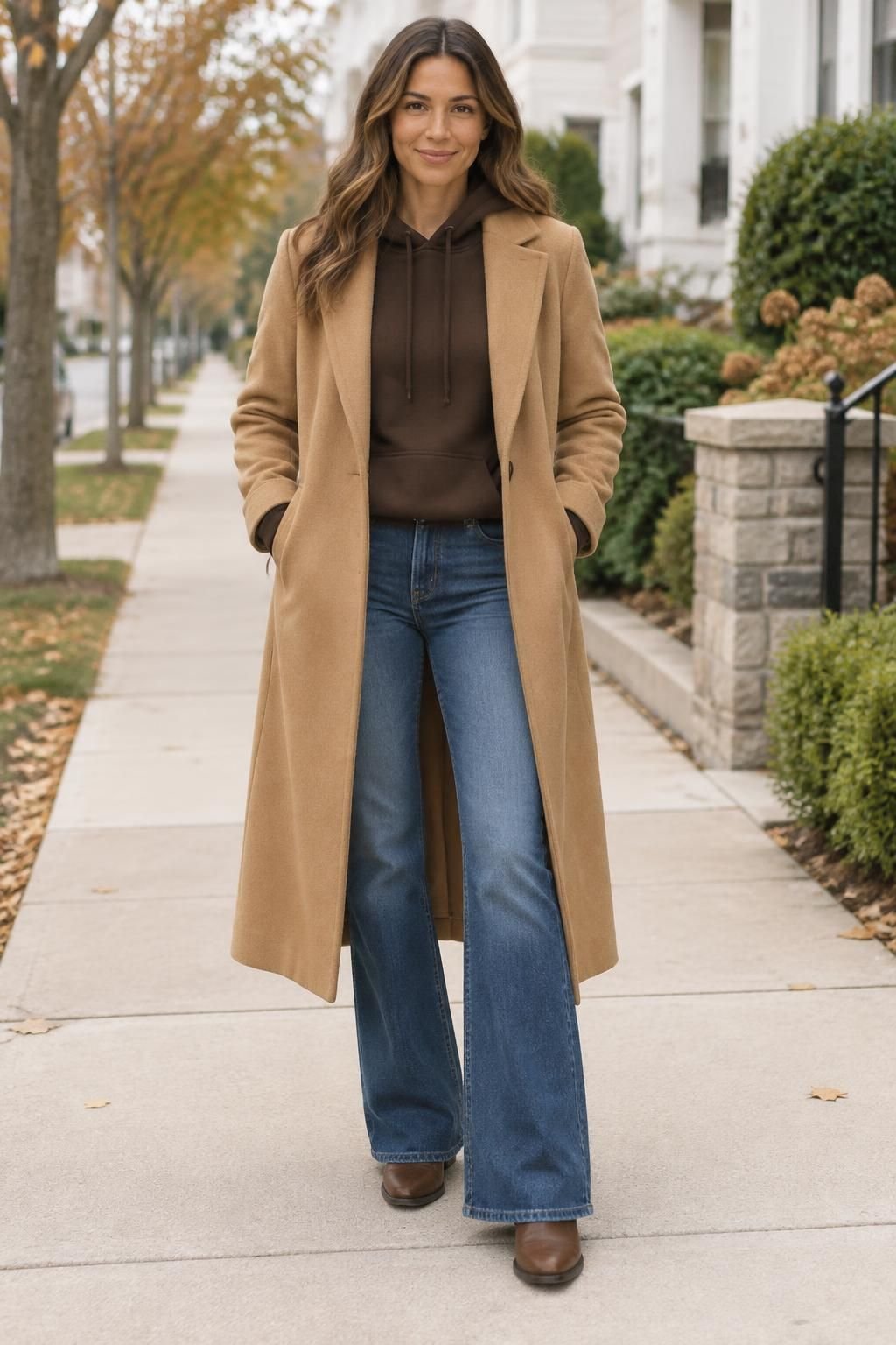 Dark-brown hoodie under a long camel coat with flared jeans and boots.
