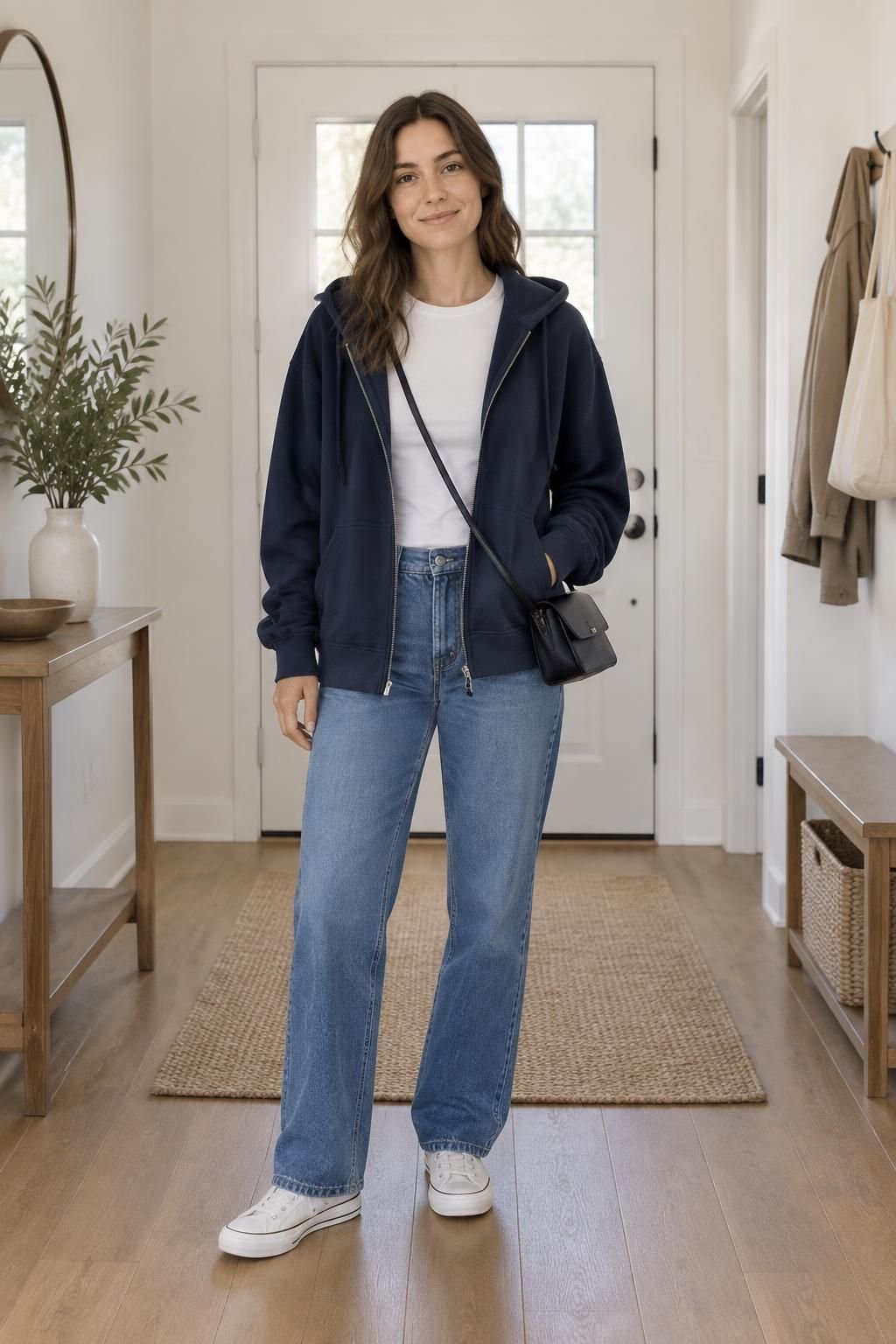 Open navy zip hoodie over a white fitted tee with straight jeans and a crossbody bag.