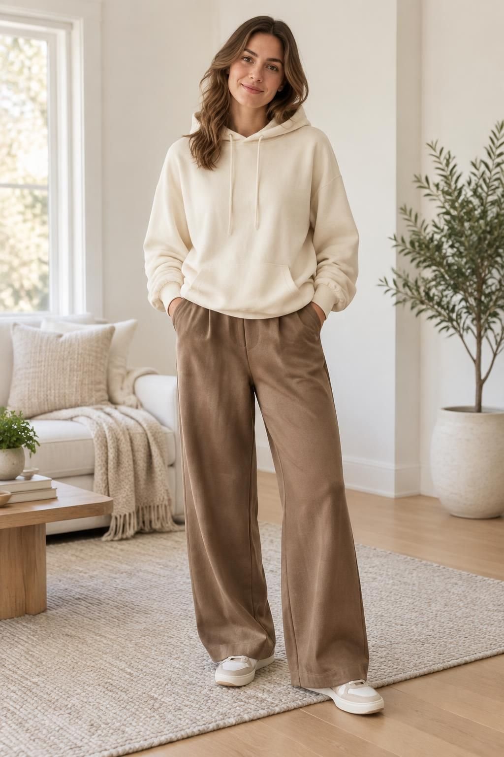 Cream oversized hoodie with brown wide-leg trousers and neutral sneakers.