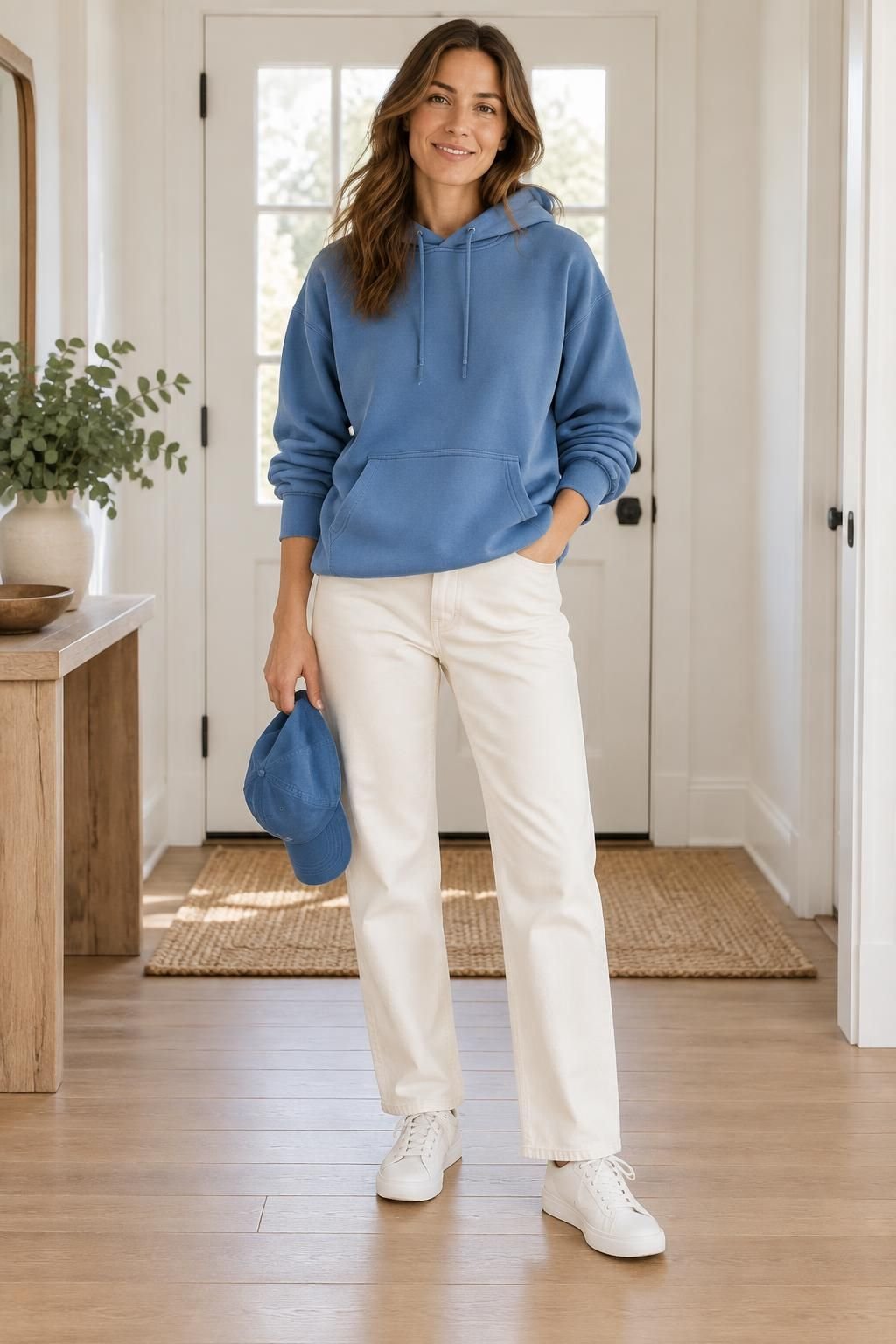 Blue oversized hoodie with ecru straight-leg jeans, white sneakers, and a matching cap.