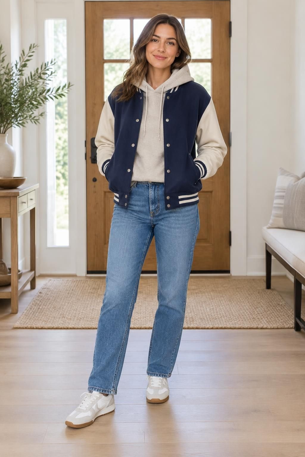 Oatmeal hoodie under a roomy navy-and-cream baseball jacket with jeans and sneakers.