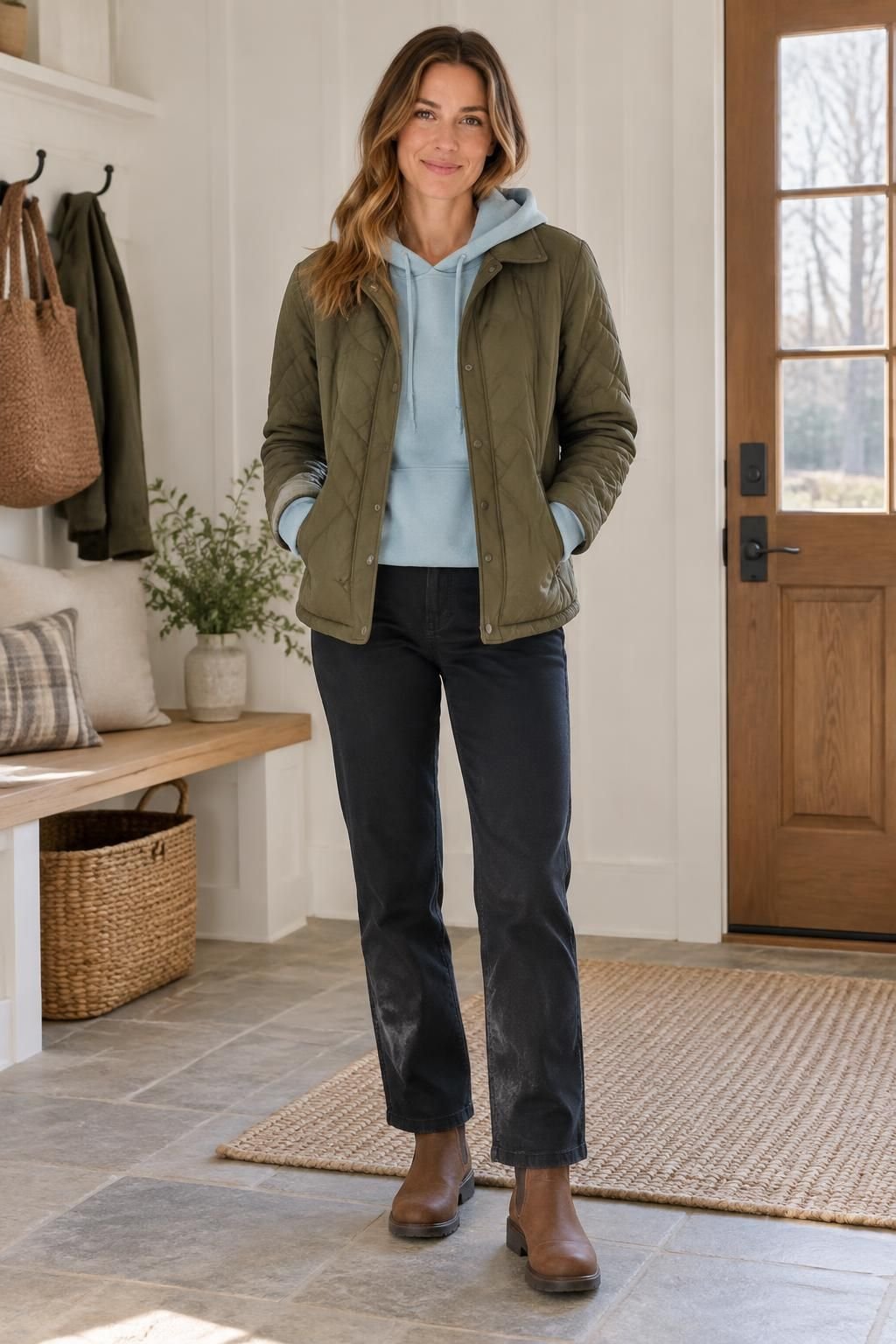 Pale-blue hoodie beneath an open olive quilted jacket with dark trousers and boots.